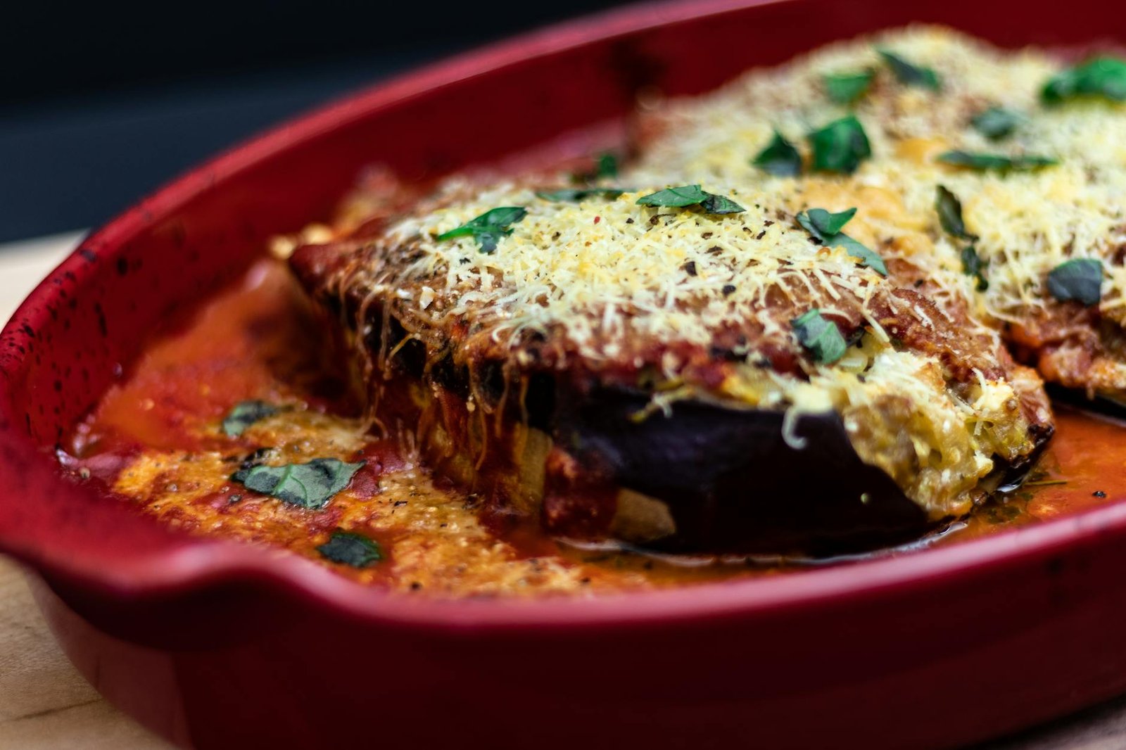 Crispy baked eggplant parmesan fresh from the oven