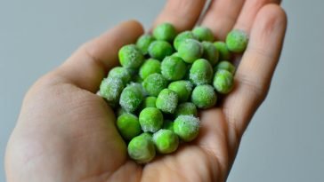 Close-up of a hand holding frozen green peas, showcasing freshness and texture.