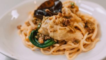 A delicious Asian noodle dish topped with dumplings and garnished on a plate.