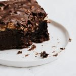 Decadent chocolate brownie with nuts on a white plate, perfect for dessert lovers.