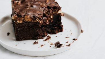 Decadent chocolate brownie with nuts on a white plate, perfect for dessert lovers.