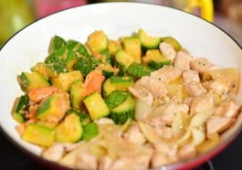 Savory chicken and zucchini stir fry cooked to perfection in a pan.