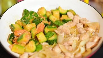Savory chicken and zucchini stir fry cooked to perfection in a pan.