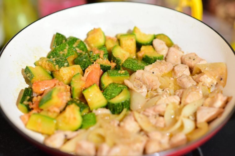 Savory chicken and zucchini stir fry cooked to perfection in a pan.