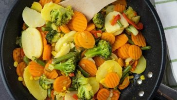 A vibrant mix of stir-fried vegetables including broccoli and carrots in a frying pan.