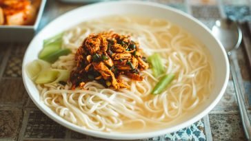 Close-up of a delicious Asian noodle bowl topped with savory shredded chicken and vegetables.