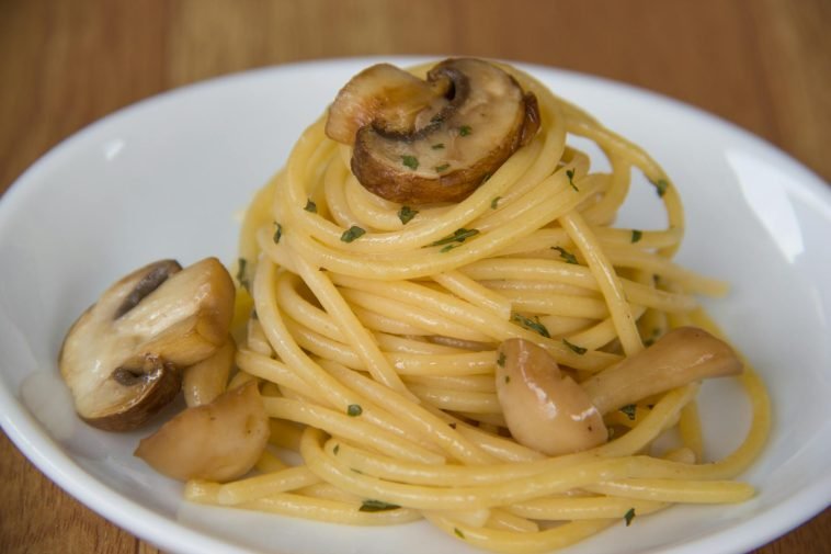 Appetizing mushroom pasta on a white plate, featuring a close-up view of the culinary delight.