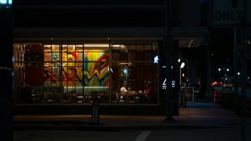 Captured at night, a vibrant Houston cafe with colorful mural through the window, evoking a lively yet calm evening vibe.