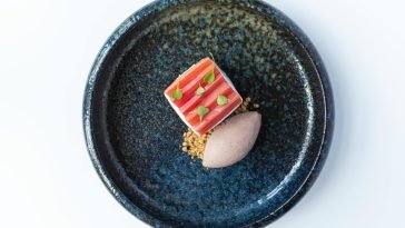Top view of a gourmet rhubarb dessert with ice cream on a beautiful ceramic plate.
