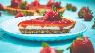 A tempting slice of strawberry cheesecake garnished with fresh strawberries on a blue plate.