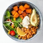 Top view of a colorful vegan buddha bowl featuring avocado, chickpeas, sweet potato, spinach, lemon, and quinoa.